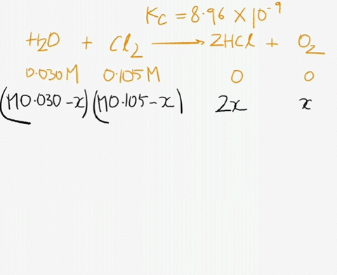 calculate-the-equilibrium-concentrations-of-h2o-cl2-hcl-and-o2-at-298-k-if-the-initial-concentrations-are-h2o0030m-and-cl20105m-the-equilibrium-constant-kc-for-the-reaction-h2ogcl2g2hclgo2g-68522