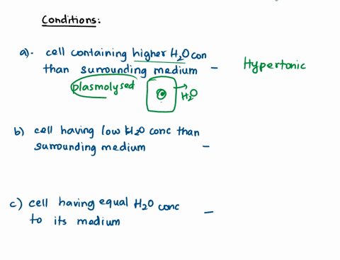 q-what-is-the-consequences-of-the-following-conditions-a-a-cell-containing-higher-water-concentration-than-the-surrounding-medium-b-a-cell-having-low-water-concentration-than-the-surrounding-76615