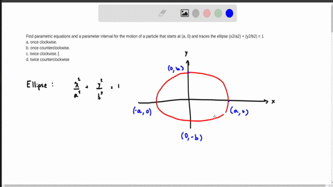find-parametric-equations-and-a-parameter-interval-for-the-motion-of-a-particle-that-starts-at-a-0-and-traces-the-ellipse-x2a2-y2b2-1-a-once-clockwise-b-once-counterclockwise-c-twice-clockwi-15758