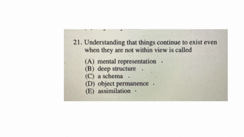 e-psychodynamic-21-understanding-that-things-continue-to-exist-even-when-they-are-not-within-view-is-called-a-mental-representation-b-deep-structure-c-a-schema-d-object-permanence-e-assimilation-22-wh