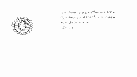 a-toroid-has-non-ferromagnetic-core-of-inner-radius-25cm-and-outer-radius-26cm-around-which-3500-turns-of-a-wire-are-wound-if-the-current-in-the-wire-is-11-calculate-the-magnetic-field-inside-the-to-2