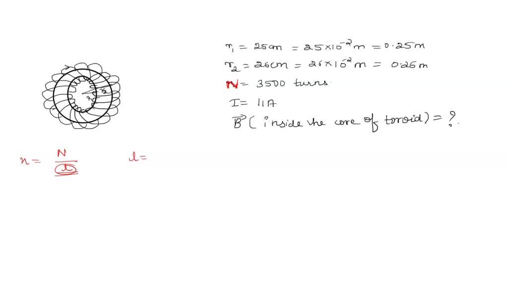 SOLVED: A toroid has non-ferromagnetic core of inner radius 25cm and ...