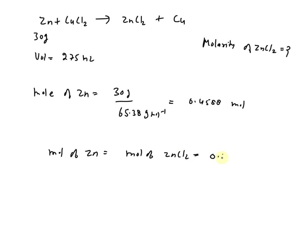 What is the molarity of ZnCl2 that forms when 30.0 g of zinc completely