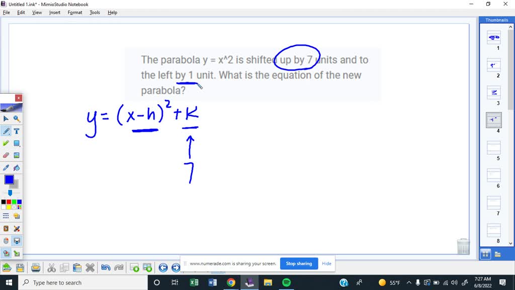 Solved The Parabola Y X 2 Is Shifted Up By 7 Units And To The Left