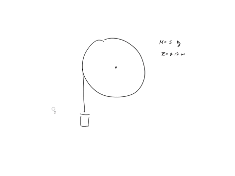 a-uniform-disk-of-radius-120-m-and-mass-500-kg-is-pivoted-so-that-it-rotates-without-friction-about-its-axis-a-massless-string-wrapped-around-the-disk-is-pulled-with-a-force-of-20-n-what-is-78544