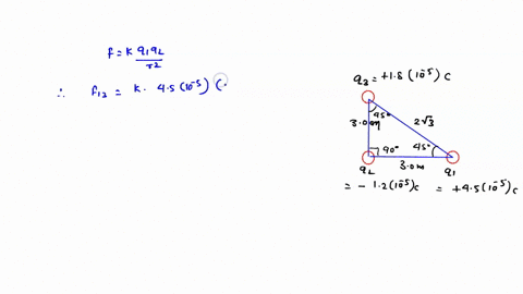 three-charges-are-placed-as-shown-below-determine-the-magnitude-and-direction-of-the-net-electrostatic-force-on-charge-q1-draw-the-free-body-diagram-fbd-18x-10-sc-30-m-30-m-12x10-sc-45x10-sc-16538