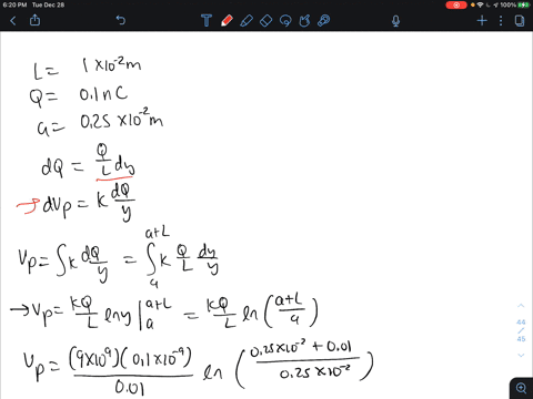 electric-charge-q-01-nc-is-distributed-uniformly-along-a-thin-rod-of-length-l-1-cm-as-shown-in-the-figure-calculate-the-electric-potential-at-point-p-located-at-a-distance-of-a-025-cm-below-75541