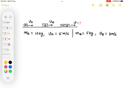 an-inelastic-collision-occurs-in-one-dimension-in-which-a-10kg-block-traveling-at-5ms-collides-with-a-5kg-block-traveling-at-3ms-in-the-same-direction-and-they-stick-together-what-are-the-ve-80374