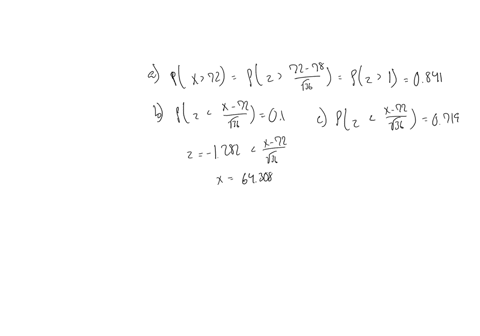 scores-on-an-examination-are-assumed-to-be-normally-distributed-with-a-mean-of-78-and-a-variance-of-36-a-what-is-the-probability-that-a-person-taking-the-examination-scores-higher-than-722-b-01973