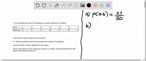 1-the-following-table-shows-the-distribution-of-grades-obtained-by-50-students-one-student-is-chosen-randomly-from-the-group-find-the-probability-that-the-chosen-student-has-a-grade-of-5-and-higher-a-
