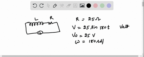 consider-a-circuit-consisting-of-a-resistor-r-25-ohm-and-inductor-connected-in-series-to-an-ac-voltage-source-the-maximum-current-of-03-a-was-flowing-through-the-circuit-when-a-time-varying-18381