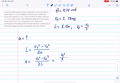 a-mass-m-slides-upward-along-a-rough-plane-surface-inclined-at-angle-theta-014-in-radians-to-the-horizontal-initially-the-mass-has-a-speed-v_0-v-0-228-ms-before-it-slides-a-distance-l-10-m-u-45884