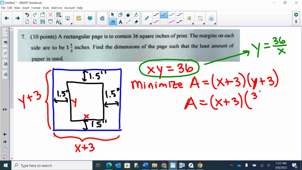 SOLVED (10 points) A rectangular page is to contain 36 square inches