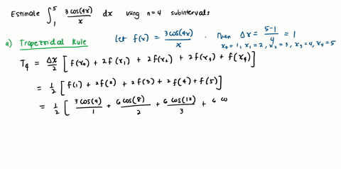 use-a-the-trapezoidal-rule-b-the-midpoint-rule-and-c-simpsons-rule-to-approximate-the-given-integral-with-the-specified-value-of-n-round-your-answers-to-six-decimal-places-5-3-cos4x-x-dx-n-4-76697