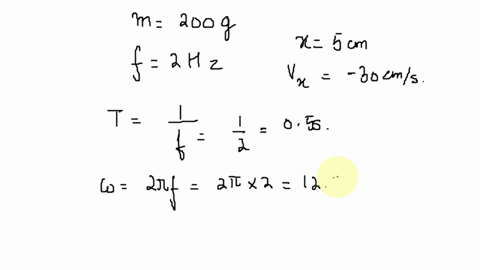 a-200-g-mass-attached-to-a-horizontal-spring-oscillates-at-a-frequency-of-20-hz-at-one-instant-the-mass-is-at-x-50-cm-and-has-vx-30-cms-determine-a-the-period-b-the-amplitude-c-the-maximum-s-63495