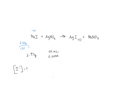 suppose-297-mathrmg-of-sodium-iodide-is-dissolved-in-50-mathrmml-of-a-050-mathrmm-aqueous-solution-of-silver-nitrate-calculate-the-final-molarity-of-iodide-anion-in-the-solution-you-can-assume-the-vol