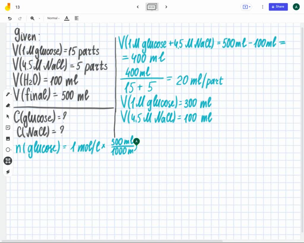 SOLVED: A solution is prepared by mixing 15 parts of 1M glucose with 5 ...