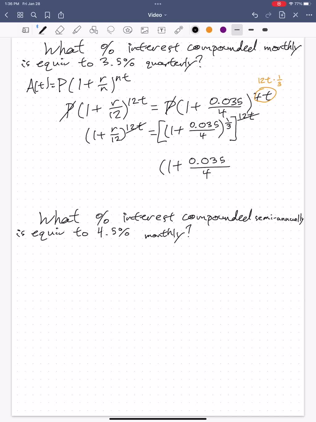 SOLVED: Calculate the following: a. What interest rate compounded monthly  is equivalent to 3.5% compounded quarterly? b. What interest rate compounded  semi-annually is equivalent to 4.5% compounded monthly?