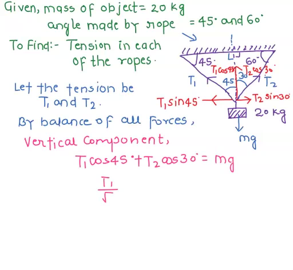 mass of 20 kg is suspended from a ceiling by two lengths of rope that ...