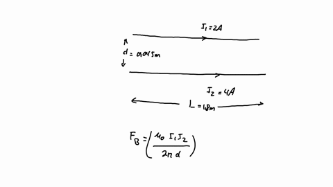 two-wires-are-placed-parallel-to-each-other-at-a-distance-of-0045-m-the-first-has-an-electric-current-of-i1-2-a-and-the-second-one-of-i2-4-a-both-in-the-same-direction-predict-the-amount-of-magnetic-f