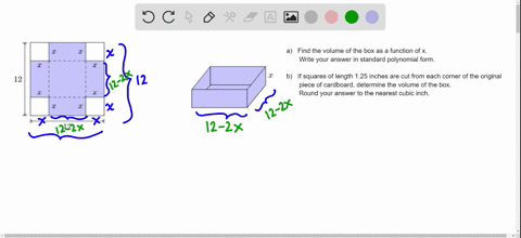 79-a-square-piece-of-cardboard-measures-12-inches-on-each-side-four-squares-each-having-a-side-of-x-inches-are-cut-and-removed-from-each-of-the-four-corners-of-the-square-piece-of-cardboard-86315