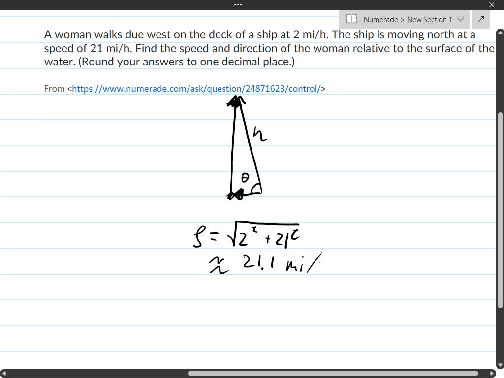 SOLVED A woman walks due west on the deck of a ship at 4 mi/h. The