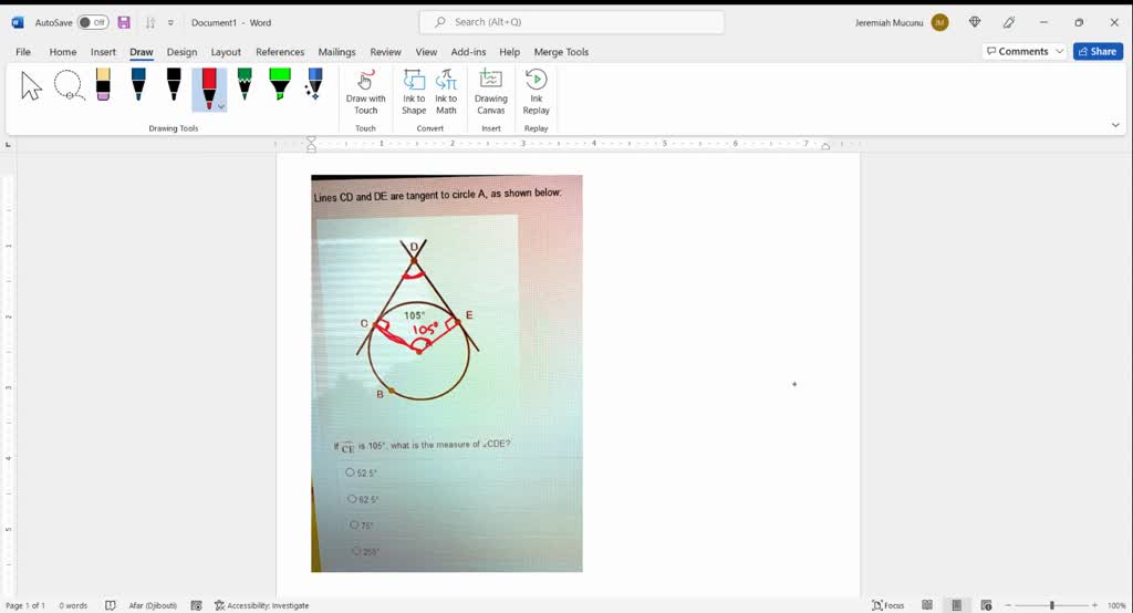 Lines CD and DE are tangent to circle A, as shown below 105 CE is 1059 what is the measure of