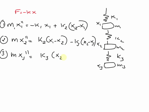 consider-the-following-three-mass-system-assume-reasonable-parameters-of-the-system-and-initial-conditions-1-derive-the-equations-of-motion-2-calculate-the-natural-frequencies-and-mode-shape-80525