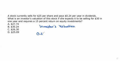a-stock-currently-sells-for-25-per-share-and-pays-024-per-year-in-dividends-what-is-an-investors-valuation-of-this-stock-if-she-expects-it-to-be-selling-for-30-in-one-year-and-requires-15-pe-44312