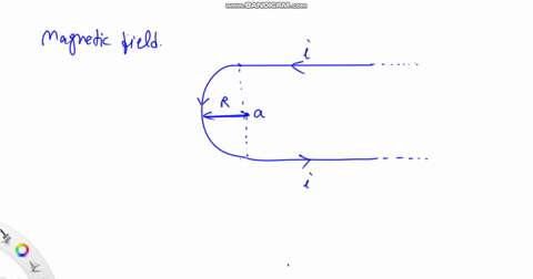 current-is-set-up-in-a-long-hairpin-conductor-formed-by-bending-a-wire-into-_-semicircle-of-radius-point-is-in-fg-mliway-qetveeen-the-straight-sections-and-5o-distant-from-the-semicircie-tha-93257
