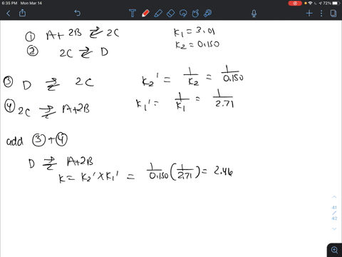 two-reactions-and-their-equilibrium-constants-are-given-a-2b-2c-ki-301-2c-d-kz-0150-calculate-the-value-of-the-equilibrium-constant-for-the-reaction-d-a-2b-11208