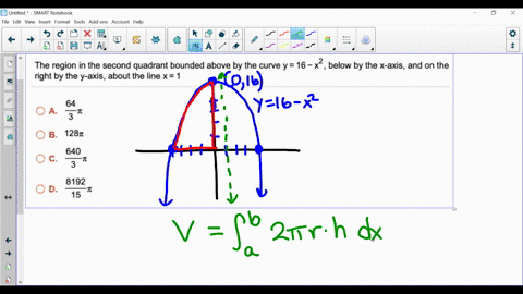 find-the-volume-of-the-solid-generated-by-revolving-the-region-about-the-given-line-the-region-in-the-second-quadrant-bounded-above-by-the-curve-y-16-x2-below-by-the-x-axis-and-on-the-right-29747