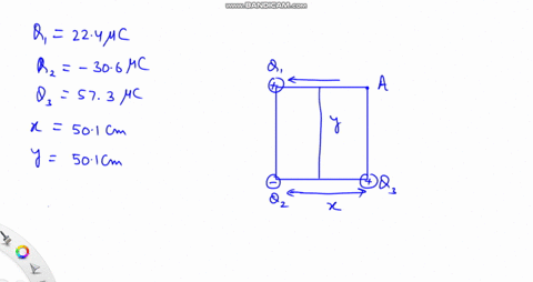 three-point-charges-q1224-c-q2306-c-and-q3873-c-are-arranged-as-shown-in-the-figure-the-lengths-y-and-x-both-equal-501-cm-calculate-the-electric-potential-v-at-point-a-64887
