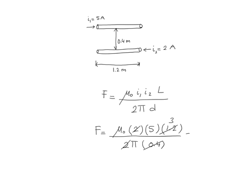 two-long-parallel-wires-are-separated-by-a-distance-of-0400-m-fig-e2831-the-currents-i1-and-i2-have-the-directions-shown-calculate-the-magnitude-of-the-force-exerted-by-each-wire-on-a-120-m-length-of-