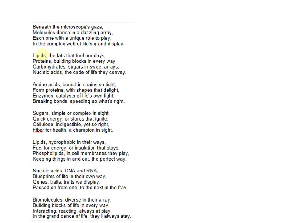 SOLVED Additional Activity Activity Biomolecule Poem Summarize the concepts of the lesson and