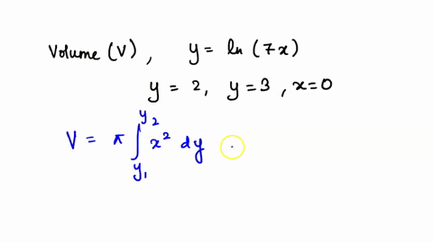 find-the-volume-v-of-the-solid-obtained-by-rotating-the-region-bounded-by-the-given-curves-about-the-specified-line-y-ln7x-y-2-y-3-x-0-about-the-y-axis-25997