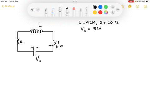 the-series-circuit-in-the-figure-contains-an-ideal-battery-with-a-constant-terminal-voltage-v_b52-v-an-ideal-inductor-l42-h-a-r20-ohm-resistor-and-a-switch-s-initially-the-switch-is-open-and-there-is-