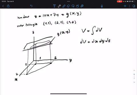 find-the-volume-of-the-indicated-region-the-region-that-lies-under-the-plane-z10x7y-and-over-the-triangle-with-vertices-at-11-21-and-12