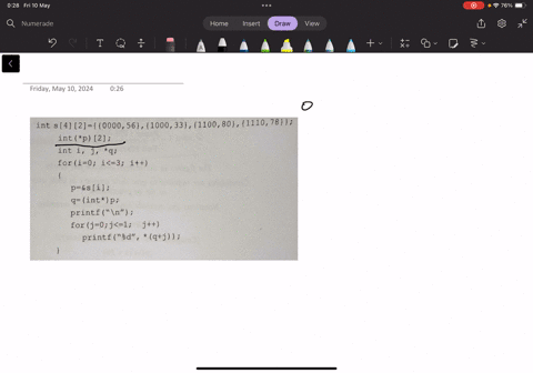 7-explain-in-your-own-words-the-execution-of-the-following-piece-of-c-code-and-write-the-output-if-it-executes-int-s42000056100033110080111078-intp-2-int-i-j-q-fori0-i3-i-psi-qintp-printfn-printfdqj