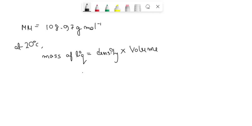 SOLVED The liquid bromoethane has a density of 1.46 g/mL at 20.0 °C. If a 35.1 mL sample of