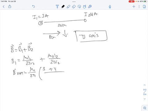 7-two-long-straight-wires-are-oriented-perpendicular-to-the-page-are-at-20-cm-distance-from-each-other-as-shown-in-the-figure-the-current-in-one-wire-is-i1-30-a-pointing-into-the-page-and-th-74528