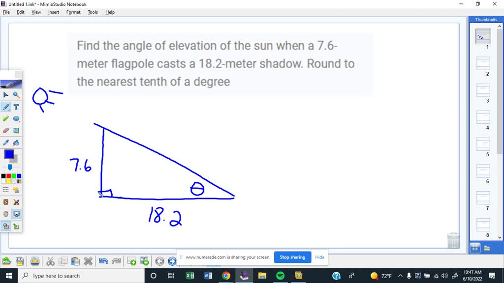 SOLVED: Find the angle of elevation of the sun when a 7.6-meter ...