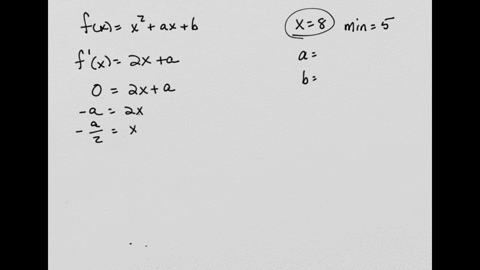 let-fx-x2-ax-b-determine-the-constants-a-and-b-such-that-f-has-a-relative-minimum-at-x-8-and-the-relative-minimum-value-is-5-enter-your-answers-as-a-comma-separated-list-a-b-08558