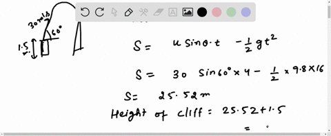 an-arrow-is-shot-from-a-height-of-15-m-toward-a-cliff-of-height-h-it-is-shot-with-a-velocity-of-30-ms-at-an-angle-of-60circ-above-the-horizontal-it-lands-on-the-top-edge-of-the-cliff-40-s-later-a-wh-2