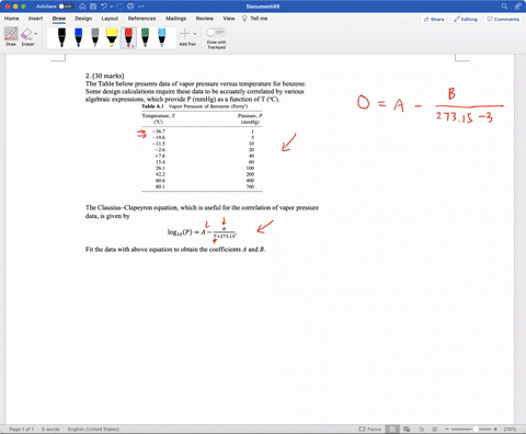 2-30-marks-the-table-below-presents-data-of-vapor-pressure-versus-temperature-for-benzene_-some-design-calculations-require-these-data-to-be-accuately-correlated-by-various-algebraic-express-97874