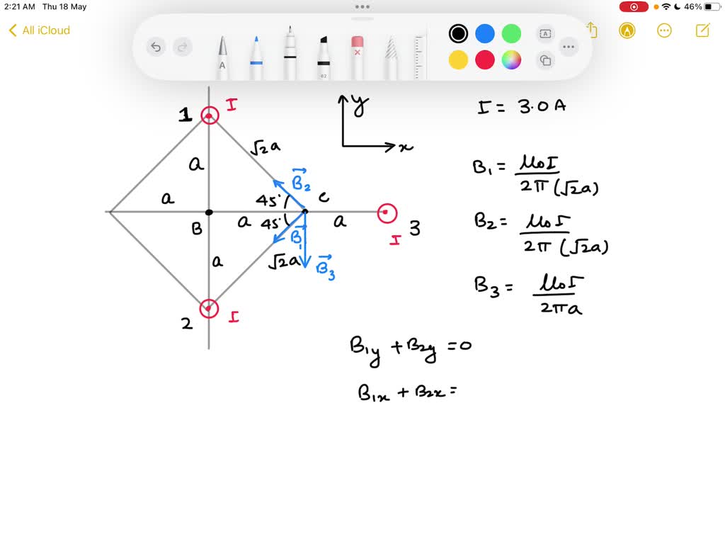 SOLVED: Three long, parallel conductors each carry a current of I = 3A ...