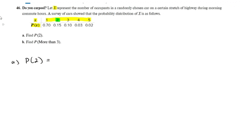 46-do-you-carpool-let-x-represent-the-number-of-occupants-in-a-randomly-chosen-car-on-a-certain-stretch-of-highway-during-morning-commute-hours-a-survey-of-cars-showed-that-the-probability-distributio