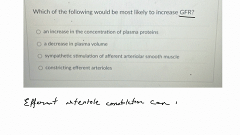 which-of-the-following-would-be-most-likely-to-increase-gfr-an-increase-in-the-concentration-of-plasma-proteins-a-decrease-in-plasma-volume-sympathetic-stimulation-of-afferent-arteriolar-smooth-muscle