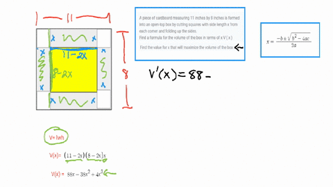 a-piece-of-cardboard-measuring-11-inches-by-8-inches-is-formed-into-an-open-top-box-by-cutting-squares-with-side-length-x-from-each-corner-and-folding-up-the-sides-find-a-formula-for-the-vol-75586