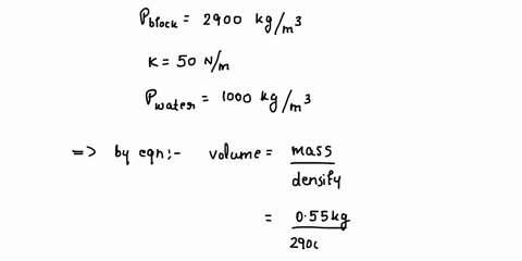 4ablock-of-mass-055-kg-and-density-2900-kglm-is-completely-submerged-under-the-water-in-static-equilibrium-o-top-of-spring-k-500-nlm-that-is-fixed-to-the-bottom-of-the-container-as-shown-in-66805